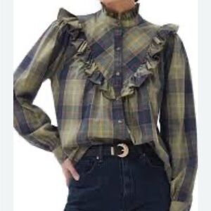 Barbour Ruffle Plaid Button Down Shirt - Green and Navy